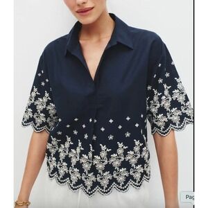 NWT CeCe Navy Blue Embroidered Cotton Blouse Top L Boxy Coastal Nautical Spring
